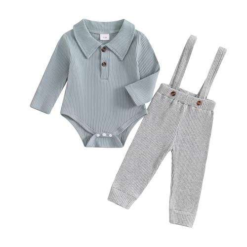 Image of Kaipiclos Newborn Baby Boy Clothes Rib Knit Long Sleeve Romper Cute Suspender Pants Solid Infant Fall Winter Gentleman Outfit