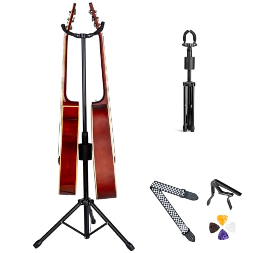Neciuvy Double Guitar Stand, Portable Tripod Adjustable 2 Guitar Stand Floor for Acoustic, Bass...