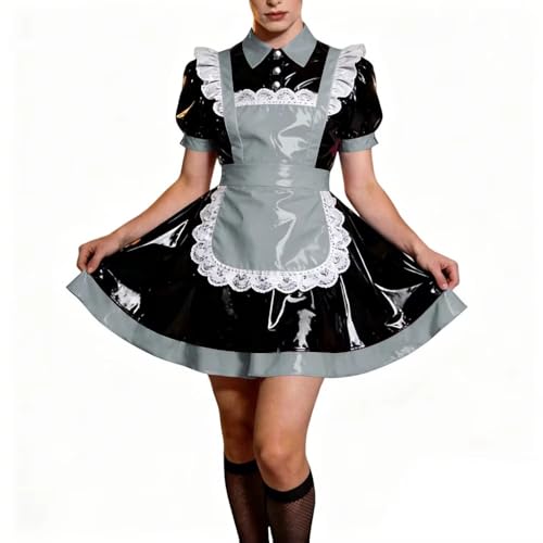 Robe cosplay de fête en cuir PVC argenté style lolita rétro chic avec volume