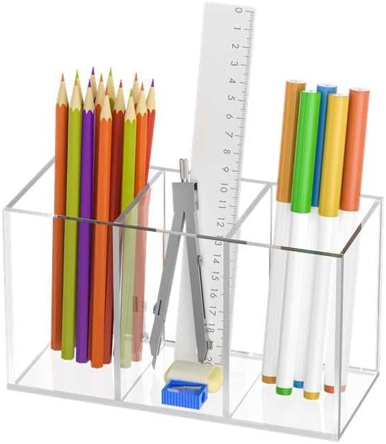 Uniclife Soporte de acrílico transparente para escritorio, organizador de lápices de plástico con 3 compartimentos, organizador de artículos de