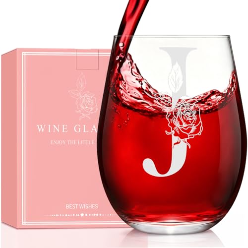 Oprever Mothers Day Gifts for Mom Wife Grandma, Initial A-Z Wine Glass Personalized Gift For Women, Birthday Gifts for Women Her Mom Best Friend Sister Wife, 18.5 oz (J)