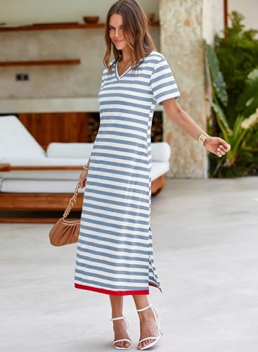 Image of Dokotoo Womens Summer Casual Trendy 2026 Short Sleeve Maxi Dress Striped Split Vacation Color Block T Shirt Dress
