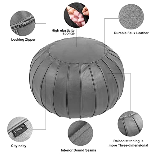 City In City Stuffed Pouf Ottoman With Sponge Liner, Faux Leather Poufs, Pouf Stool Ottoman Round Foot Stool Cushion Storage Ottoman, 24 * 14''Floor Poufs Foot Rest For Living Room, Home Decor-(Grey) #TOP1