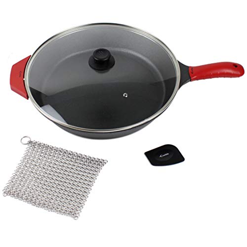 Image of Crucible Cookware 15-Inch Cast Iron Skillet Set (Pre-Seasoned), Including Large & Assist Silicone Hot Handle Holders, Glass Lid, Cast Iron Cleaner Chainmail Scrubber, Scraper | Indoor & Outdoor Use