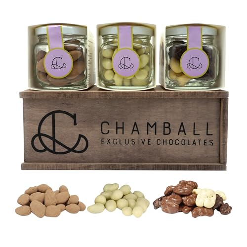 CHAMBALL Caja Gourmet 300g – Chocolate con pistacho, Almendras Garrapiñadas con Chocolate Negro & Nueces Tres Chocolates | Chocolates Originales para Regalar, Caja Regalo Chocolate, Detalle Gourmet