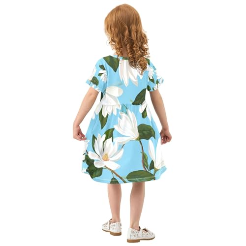 Magnolia Flowers White Blue Toddler Dresses for Girls 2t Short Sleeve Beach Shirt Dress Little Girl Dress3