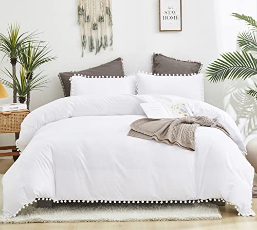 Karever White Pom Pom Comforter Queen Size Pom Pom Fringe Comforter 3 Pieces Soft White Boho Ball Pom Pom Queen Comforter Bedding Set Women Men Solid White Queen Bed Comforter For All Season As Gift #TOP9