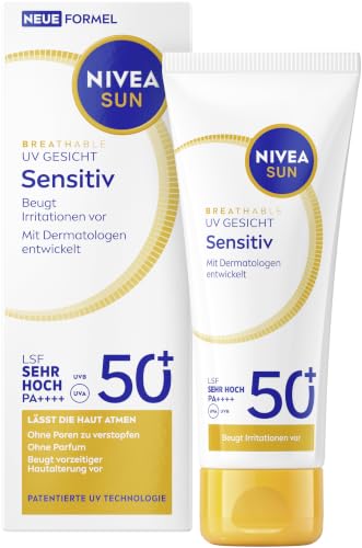 NIVEA SUN Sonnenschutz LSF 50+ parfümfreie Gesichtscreme für empfindliche Haut atmungsaktive Sonnencreme mit 98% UVB-Schutz Breathable UV Gesicht Sensitiv (40 ml)