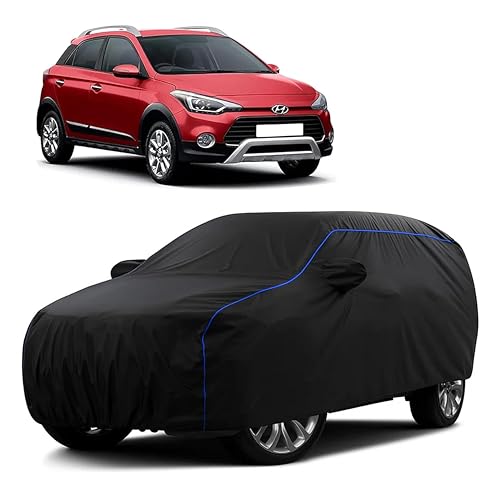 Image of Sulfar 100% Water Resistant Car Body Cover Compatible with Mirror for Hyundai i20 Active (Triple Stitched, Full Bottom Elastic, Black Tafetta with Blue Piping)