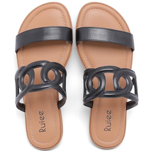 Image of Ruiee Wide Width Sandals for Women, Summer Flat Slides Casual Braided Wide Feet Sandal Comfort Slip on Sandals Open Toe Beach Shoes for Women.