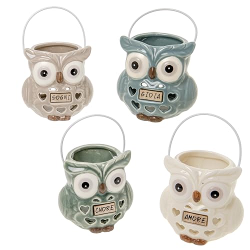 Doni Bomboniere Baptism 4 Pieces Lantern Owl Shaped Candle Lights Lucky Candle Memories First Communion Holy Confirmation Graduation Wedding Gifts with Writing Love Joy Heart Gift Ideas