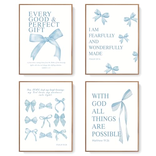 Image of LARTSFRO Coquette Blue Bow Wall Art Decor Posters, Baby Blue Bow Room Bedroom Bathroom Dorm Wall Art Decor Aesthetic for College Teen Girls Gifts, Inspirational Bible Verses Bow Wall Decor, 12x16 Inch Set of 4 Pcs Bow Pictures (UNFRAMED)