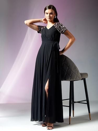 Image of Miss Chase Women's Round Neck Sleeve Embellished Fit Flare Maxi Dress