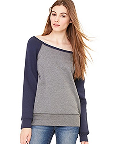 Bella + Canvas Ladies' Sponge Fleece Wide Neck Sweatshirt,Dp Heather/Navy,M #TOP15