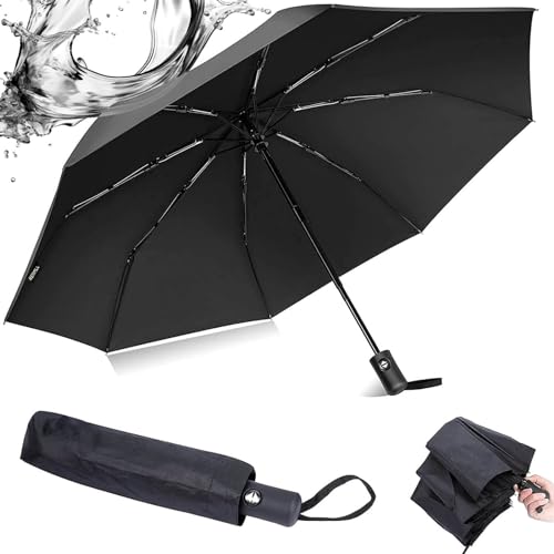 Fenansion Paraguas Plegable Antiviento Compacto, Paraguas Invertido Grande Umbrella Negro a Prueba de Viento para Hombres Mujer, Paraguas con 8 Varillas Revestimiento de Teflón 210T Abarca 105cm