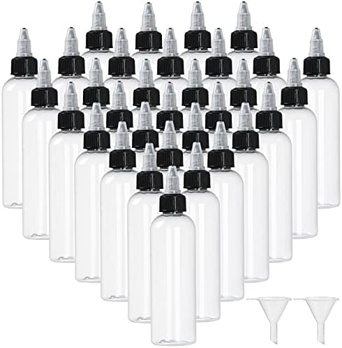 Yephets 32 Pack 4oz Boston Dispensing Bottles Empty Round LDPE Plastic Squeeze Dropper Bottles Squeeze Bottles with Twist Top Cap for Liquids Oils Art Crafts Kitchen Household