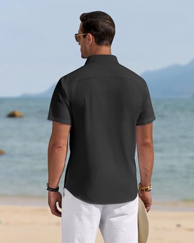 Image of J.VER Mens Linen Shirt Short Sleeve Button Down Casual Summer Shirts | Cotton Linen, Untucked, Big Tall, from Beach Camp Vacation, Cruise Fishing, Work Office, to Wedding Party Family, with Pocket