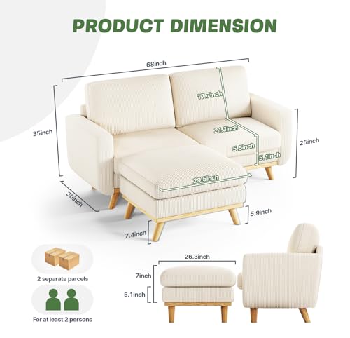 Image of Vesgantti 68 inch Loveseat Sofa with Movable Ottoman, Comfy Corduroy Couch with Spring Cushion, Sofa Couch with Solid Wood, Modern Office Sofa with Deep Seat for Living Room and Bedroom, Beige