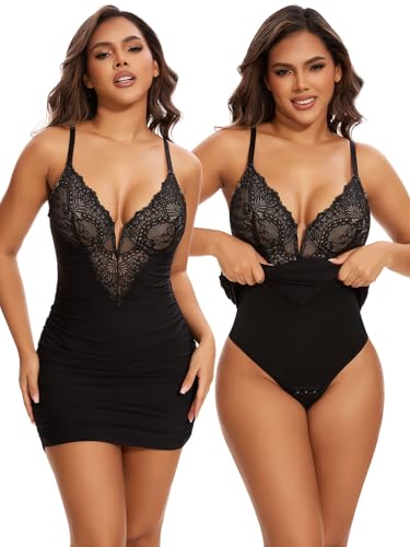 SHAPERIN Shapewear Dress Deep V Neck Lace Corsets Summer Dresses Tummy Control Bodycon Mini Dresses for Women Black S