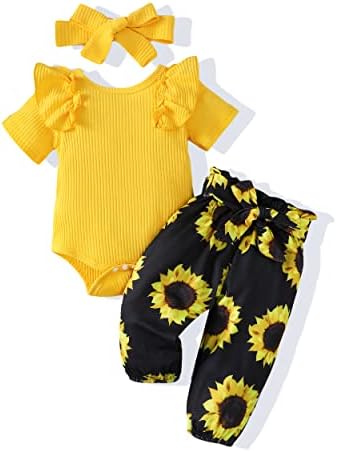 Renotemy Newborn Baby Girl Outfits Summer Clothes Infant Gifts Short Sleeve Yellow Ribbed Romper Floral Sunflower Clothing Baby Girl Clothes 3-6 Months