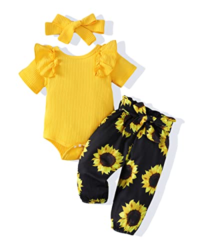 Renotemy Newborn Baby Girl Outfits Summer Clothes Infant Gifts Short Sleeve Yellow Ribbed Romper Floral Sunflower Clothing Baby Girl Clothes 3-6 Months #TOP19