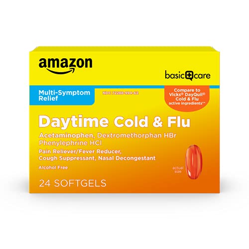 Amazon Basic Care Daytime Cold and Flu Relief Softgels, Non-Drowsy Multi-Symptom Relief for Pain, Fever, Headache, Cough, Sore Throat, Nasal Congestion, 24 Count - image 1