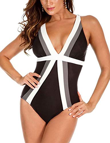 Blooming Jelly Women's Striped One Piece Swimsuit Deep V Neck Backless Swimwear Tummy Control Bathing Suit