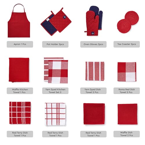 Image of Encasa XO Kitchen Towels and Dishcloths Sets | 21 Pcs Apartment Essentials Set | Oven Mitts and Pot Holders with Hanging Loop | Cooking Apron, Dish Cloth, Flour Sack and Coasters Red Combo