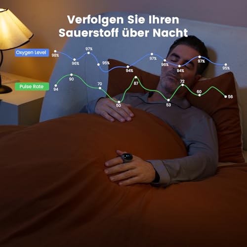 Wellue O2 Ring Bluetooth Pulsoximeter mit alarm, Sauerstoffsättigung Messgerät mit kontinuierliche Überwachung, Schlafoximeter für Blutsauerstoff und Herzfrequenz, Professional APP und Berichte