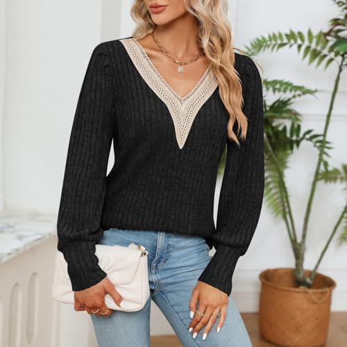 Blusa de Renda Com Decote Em V Feminino Solto Ajuste Com Nervuras de Malha Pulôver Casual Elegante S