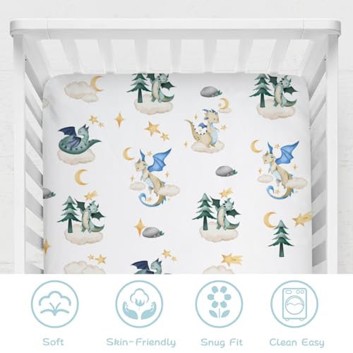 Image of Fairy Tale Dragon Moon Stars Clouds Trees Baby Crib Sheet 52''x28'' Watercolor Dragons Stretchy Fitted Crib Mattress Cover for Boy Girl Bed Sheet for Standard Toddler Mattress, 4258107