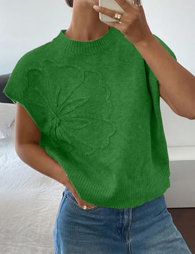 Image of 2026 Womens Floral Sweater Vest Cute Cap Sleeve Tops 3D Flower Decor Knit Tank Top Loose Spring Fall Summer Clothes