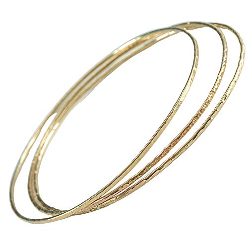 LARGE 14k gold filled hammered thin Stacking Bangles set of 3 textures, sz L