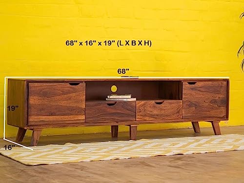 Image of THE WOODEN CITY Solid Sheesham Wood TV & Entertainment Unit for Living Room & Hotel Room and Office Furniture (Finish- Honey Teak, 68Wx16Dx19H- Inches)