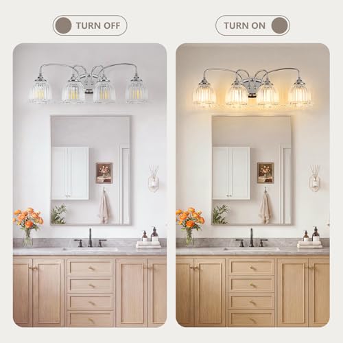 Image of Chrome 4-Light Bathroom Light Fixtures with Floral Glass Shade | Vintage Vanity Lights Wall Sconces Over Mirror for Bathroom Powder Room