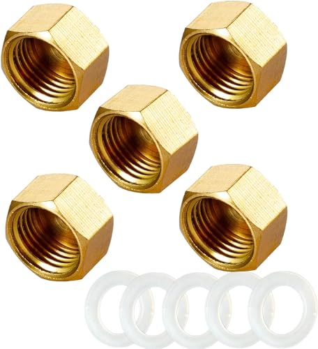 FUATY 1/8” Brass Pipe Cap NPT Female Pipe Plug Caps Outer Hex Thread Socket Plug End Plumbing Fittings with Rubber Gasket (Pack of 5)