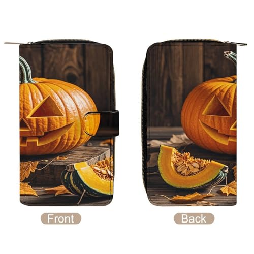 PU Leather Wallet Fall Pumpkin Print Travel Purse Women's Long Bifold Wallet Ladies Card Holder Purse with Zipper & Snap Closure3