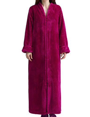Jenkoon Womens Zipper Front Fleece Flannel Robe Plush Long Warm Bathrobe Loungewear with Pockets (Rose, Large)