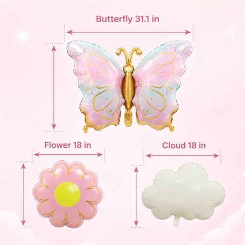 Image of Wanna Party Pastel Butterfly Foil Balloon Set of 5, Butterfly, Pink Daisy Flower and White Cloud Balloons for Birthday, Baby Shower, Newborn Welcome & Garden Theme Party Decoration