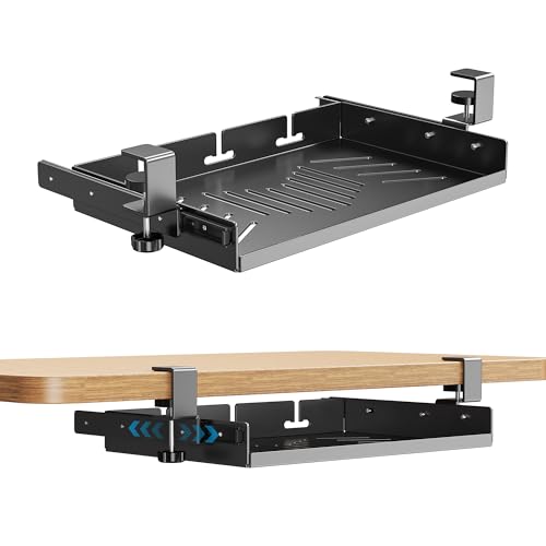 Sliding No Drill Under Desk Laptop Mount Metal Under Desk Storage Shelf with Cable Management Slide Out Laptop Storage Tray for MacBook Mac Mini Fits Office Workstations(Black with slid rail)