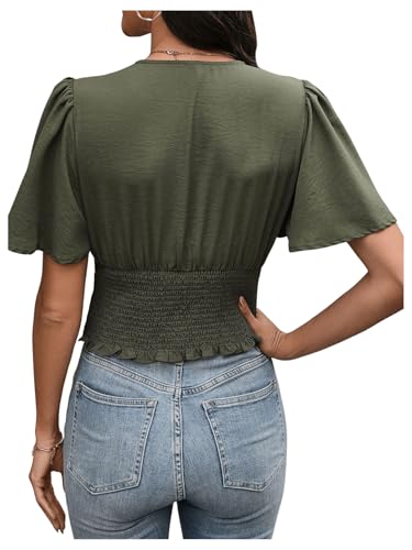 SHENHE Women's Sexy Ruffle Flutter Short Sleeve Deep V Smocked Button Front Dressy Crop Top Blouse2
