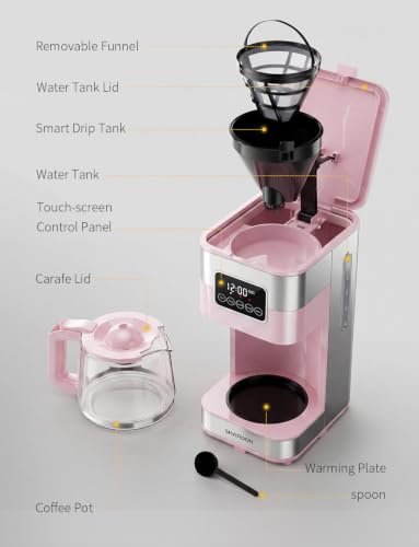 Image of SHARDOR 10-Cup Programmable Coffee Maker, Regular & Strong Brew Drip Coffee Machine for Home and Office, Auto Shut Off, Permanent Filter (pink)