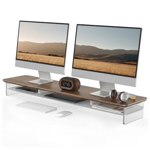 Image of Fenge 42.5 inch Dual Monitor Stand with Clear Acrylic Legs, Brown | Clear acrylic, storage compartment, 2-tier home office monitor riser, wide large desktop shelf fit monitor /laptop /printer