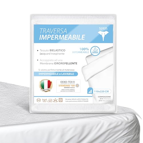 Surus Equipment Traversa Impermeabile Matrimoniale 110x220 cm, MADE IN ITALY e OEKO-TEX®, Antiacaro, Traspirante e Lavabile, Proteggi Materasso Ipoallergenico e Resistente