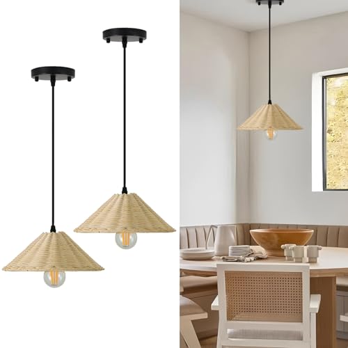 TERLEENART Hard Wired Rattan Pendant Lights Set of 2,Farmhouse Coastal Woven Wicker Ceiling Light with 10.65” Cone Shade, Boho Wired Mounted Hanging Chandelier for Bedroom Dining Room Kitchen Island by TERLEENART - Used condition - US$25.71