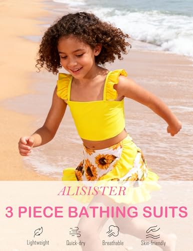 Image of ALISISTER Girls Swimsuit 3 Piece Bathing Suits Summer Bikini Tankini Sets with Cover Up Skirt for 4-12 Years