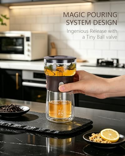 Image of ZENS Modern Glass Tea Infuser Teapot, Smart One Touch Tea Maker for Loose Tea Diffusers with Insulated Mug and Cute Portable Walnuts Tea Kits for Tea Lover Gifts
