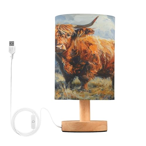 SDMKA Highland Cattle Pattern Bedside Table Lamp for Bedroom, Minimalist Nightstand Lamp with Round Fabric Shade for Living Room, Office, No Bulb Required