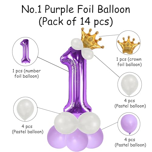 Image of Purple 1 Number Foil Balloon with Crown & Base Balloons | 32 Inch Helium Supported for Birthday, Anniversary, Baby Shower Decoration - Pack of 14