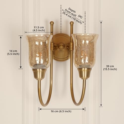 Image of Divine Trends Double Hockey Wall Lamp Antique Brass Finish with Chimney Crackled Glass Shade for Living Room, Bedroom, Home Decoration Wall Light - Pack of 1